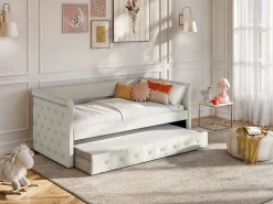 Vente-unique Cama Diván|Cama Nido|Sofá cama tapizado con cama nido, 2 x 90 x 190 cm, en tela - LOUISE