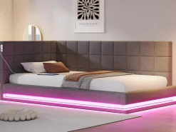 ModernLuxe Sofá cama tapizado 90x200 cm - con banda luminosa LED - con toma USB - tejido de terciopelo - Gris