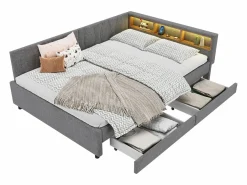 Sofá cama 140x200 cm - con 2 cajones - con puertos USB + Type C - con luz LED - (colchón no incluido)^ModernLuxe Best