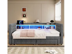 Sofá cama 90x190 cm - con cama nido - con puertos USB + Type-C - con 2 cajones - banda luminosa LED - (colchón no incluido)^ModernLuxe Hot