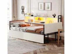 ModernLuxe Cama Diván|Sofá cama 90x200 cm - con iluminación LED - con 2 cajones - toma de corriente - escritorio plegable - (colchón no incluido)