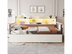 ModernLuxe Cama Diván|Sofá cama 90x200 cm - con iluminación LED - con 2 cajones - toma de corriente - escritorio plegable - (colchón no incluido)