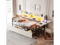 ModernLuxe Cama Diván|Sofá cama 90x200 cm - con iluminación LED - con 2 cajones - toma de corriente - escritorio plegable - (colchón no incluido)