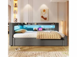 ModernLuxe Sofá cama 90x200 cm (180 x 200 cm) - con cama nido - con USB + Type-C - con iluminación LED - ​ (colchón no incluido) Gris Best