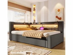 ModernLuxe Sofá cama 90x200 cm (180 x 200 cm) - con cama nido - con USB + Type-C - con iluminación LED - ​ (colchón no incluido) Gris Best