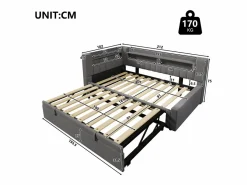 ModernLuxe Sofá cama 90x200 cm (180 x 200 cm) - con cama nido - con USB + Type-C - con iluminación LED - ​ (colchón no incluido) Gris Best