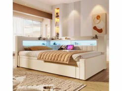Sofá cama 90x200 cm (180 x 200 cm) - con cama nido - con USB + Type-C - con iluminación LED - ​ (colchón no incluido)^ModernLuxe Best