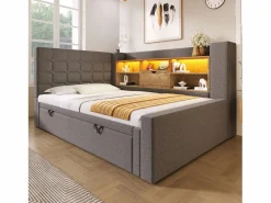 ModernLuxe Sofá cama 90x200cm - con cama nido - con iluminación LED y espacio de almacenamiento - con USB - tejido de lino - (colchón no incluido) Gris Best