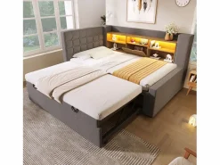 ModernLuxe Sofá cama 90x200cm - con cama nido - con iluminación LED y espacio de almacenamiento - con USB - tejido de lino - ​ (colchón no incluido) Gris Best