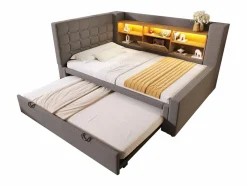 ModernLuxe Sofá cama 90x200cm - con cama nido - con iluminación LED y espacio de almacenamiento - con USB - tejido de lino - ​ (colchón no incluido) Gris Best