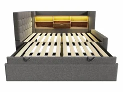 ModernLuxe Sofá cama 90x200cm - con cama nido - con iluminación LED y espacio de almacenamiento - con USB - tejido de lino - ​ (colchón no incluido) Gris Best