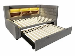 ModernLuxe Sofá cama 90x200cm - con cama nido - con iluminación LED y espacio de almacenamiento - con USB - tejido de lino - ​ (colchón no incluido) Gris Best