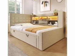 Sofá cama 90x200cm - con cama nido - con iluminación LED y espacio de almacenamiento - con USB - tejido de lino - ​ (colchón no incluido)^ModernLuxe Discount