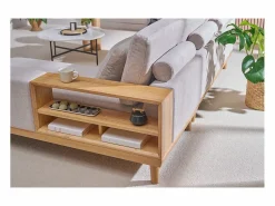Miliboo Sofá Escandinavo|Sofá chaise longue a la derecha 5 plazas con almacenaje de tela texturizada efecto aterciopelado y madera clara KOMAO