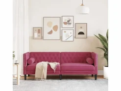 Sofá Chesterfield 3 plazas con cojines terciopelo tinto^Clicnbuy Clearance