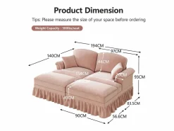 DripeX Sofá chesterfield 2 plazas en felpa - con 2 otomanas y 2 cojines - falda desmontable - 194x140x93cm Rosa Sale
