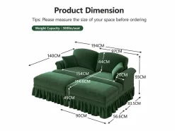 Sofá chesterfield 2 plazas en felpa - con 2 otomanas y 2 cojines - falda desmontable - 194x140x93cm^DripeX New