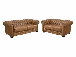 LINEA SOFA Sofá chesterfield 3+2 plazas 100% piel de búfalo Caramel vintage BRENTON Camel Outlet