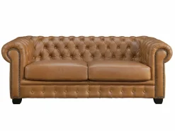 LINEA SOFA Sofá chesterfield 3+2 plazas 100% piel de búfalo Caramel vintage BRENTON Camel Outlet