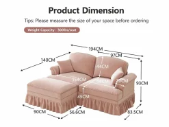 DripeX Sofá chesterfield 2 plazas en felpa - con otomana y 2 cojines - falda desmontable - 194x140x93cm Rosa Outlet