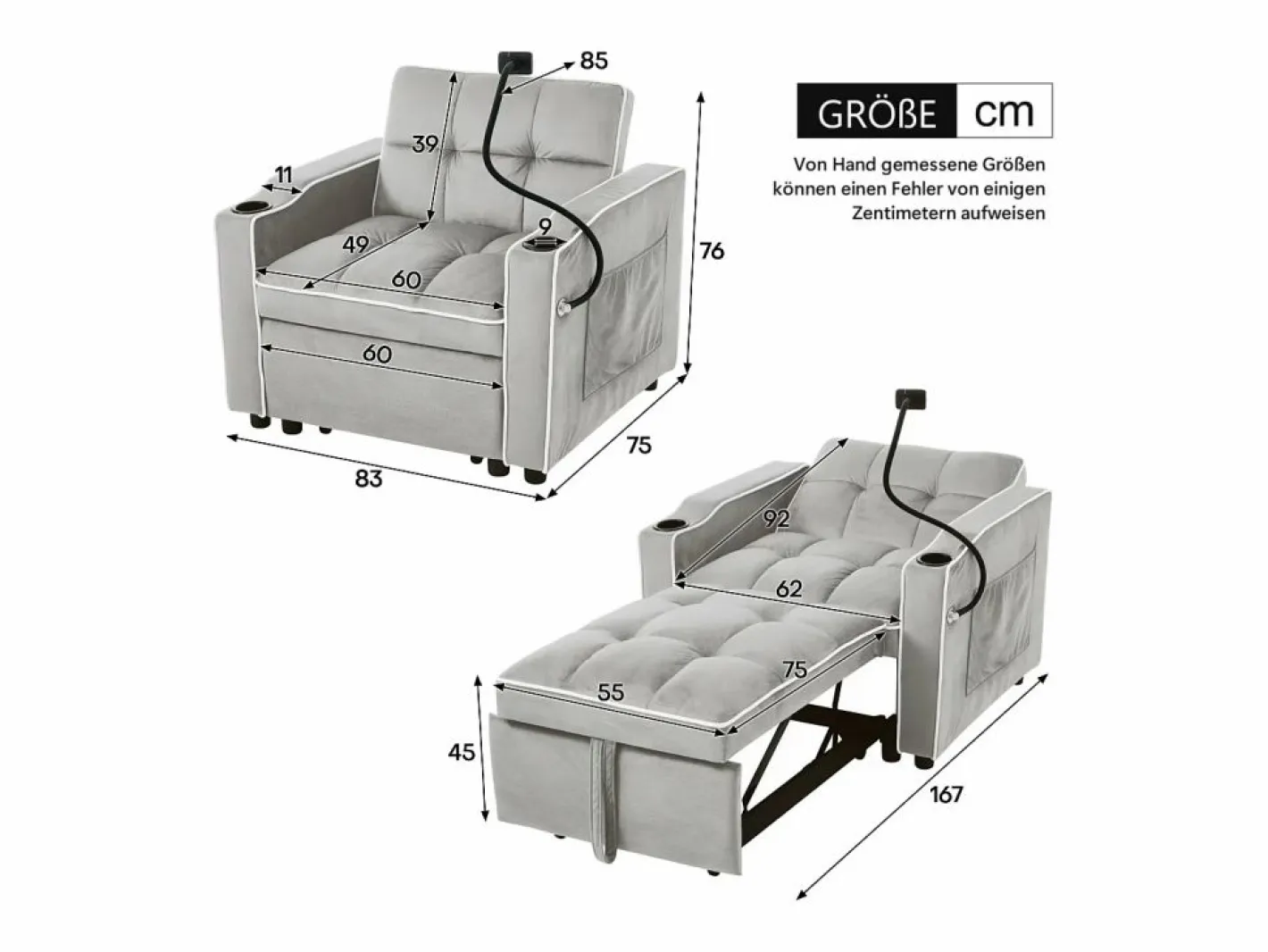 Sillón Cama|Sofá con bolsillo lateral y portavasos soporte móvil confort espuma y terciopelo ideal para apartamento antiguo y blanco