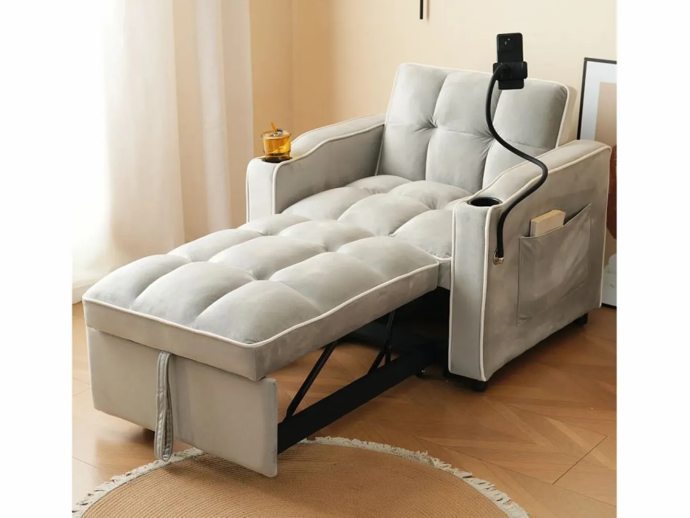 Sillón Cama|Sofá con bolsillo lateral y portavasos soporte móvil confort espuma y terciopelo ideal para apartamento antiguo y blanco