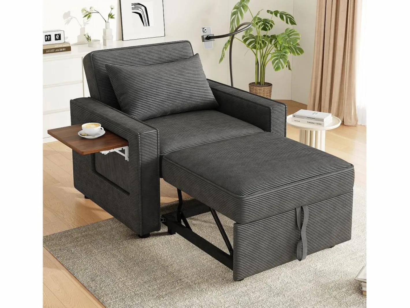 OKWISH Sofá convertible con puerto USB y soporte para teléfono, respaldo ajustable - Pana oscuro Gris Best