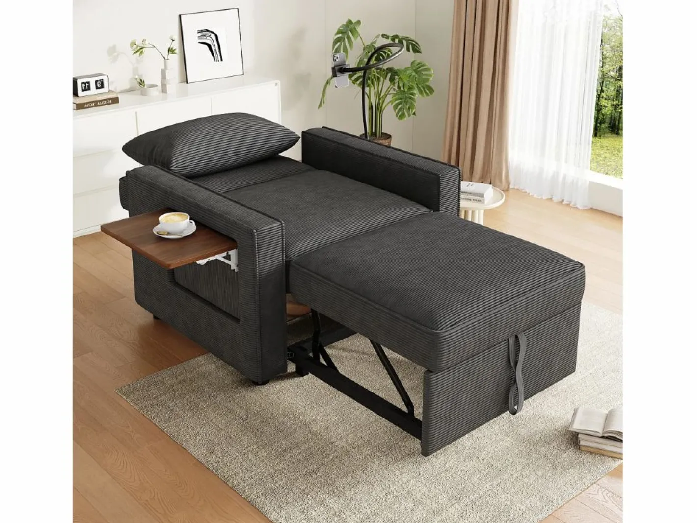 OKWISH Sofá convertible con puerto USB y soporte para teléfono, respaldo ajustable - Pana oscuro Gris Best