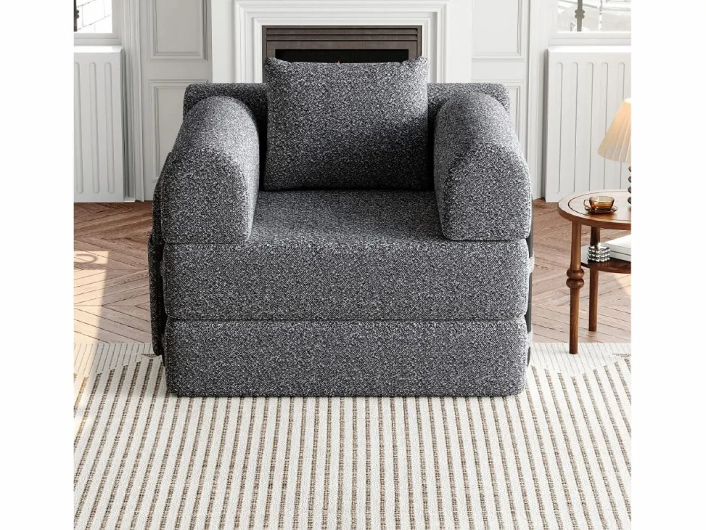 Sofá convertible con reposabrazos acolchados y bolsillos laterales, estructura de metal - Chenilla^OKWISH Sale