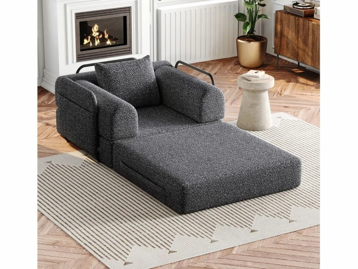 Sofá convertible con reposabrazos acolchados y bolsillos laterales, estructura de metal - Chenilla^OKWISH Sale