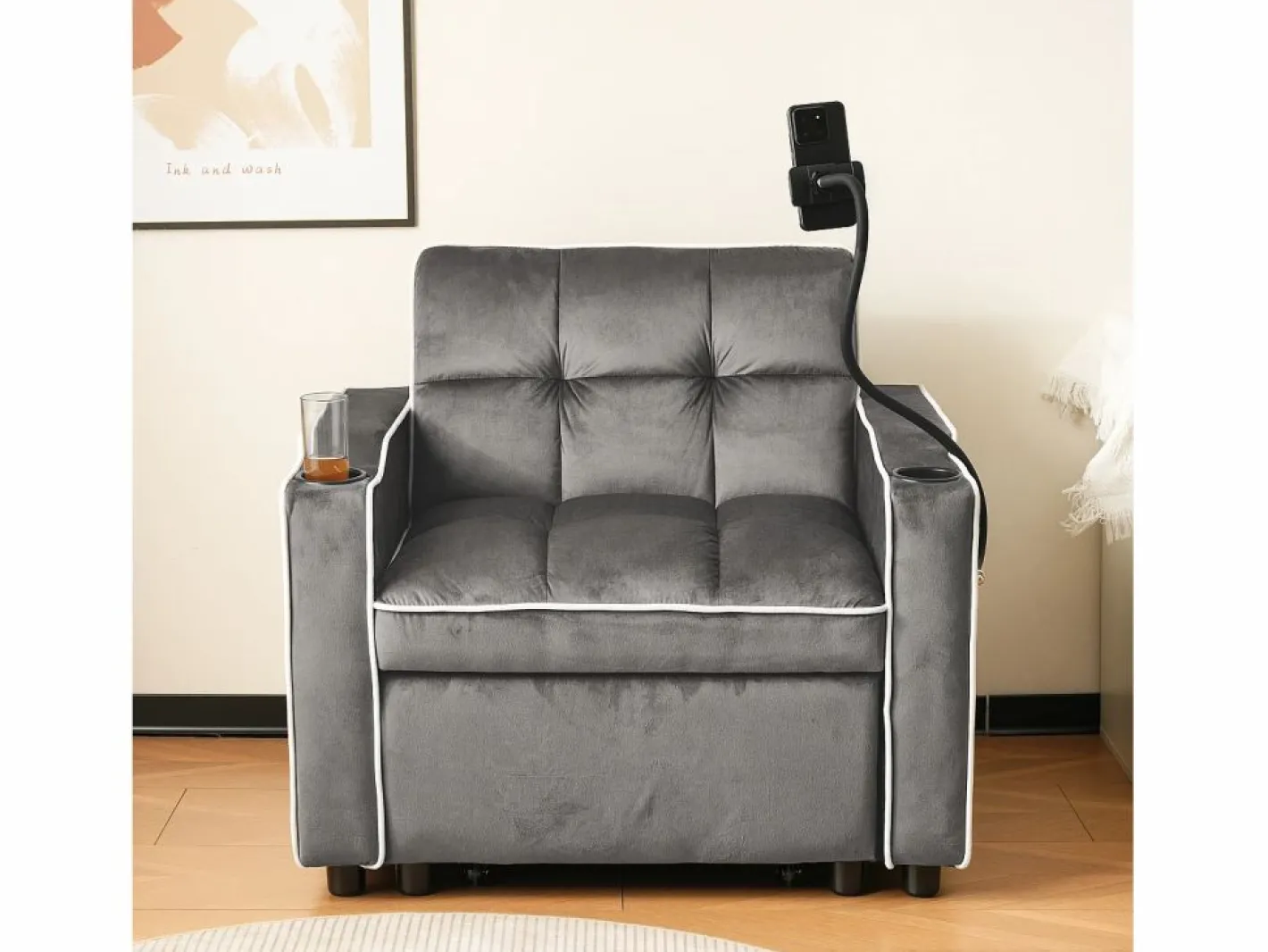 OKWISH Sofá Cama|Sofá convertible individual de terciopelo oscuro con soporte para teléfono y portavasos, ideal para salón y dormitorio