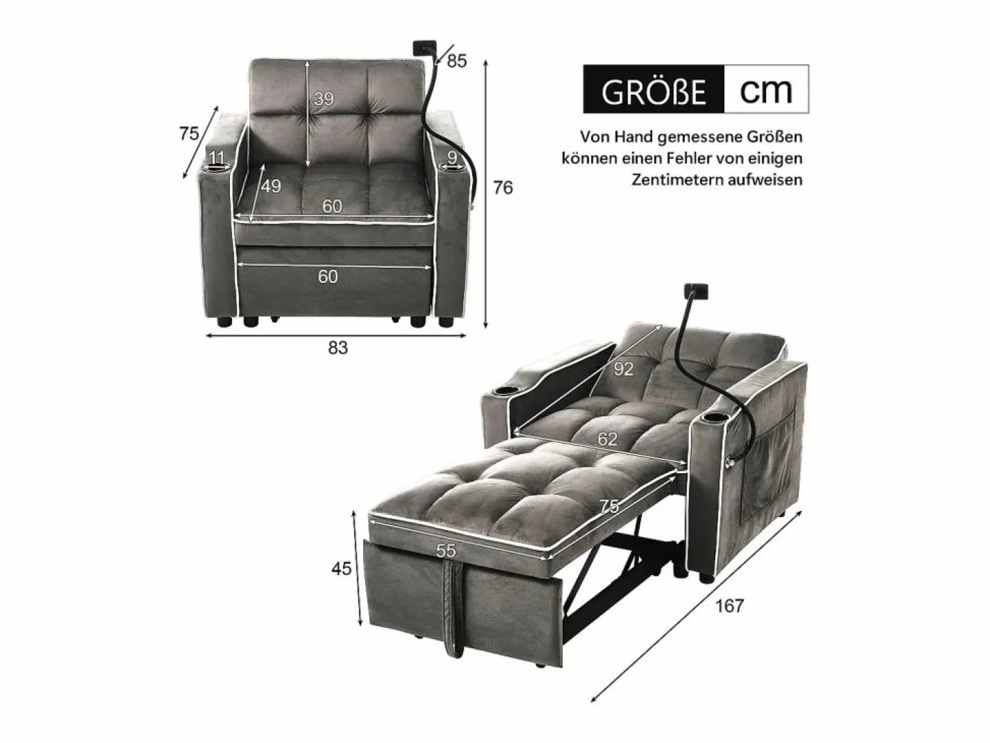 OKWISH Sofá Cama|Sofá convertible individual de terciopelo oscuro con soporte para teléfono y portavasos, ideal para salón y dormitorio