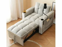 Sillón Cama|Sofá de 1 plaza - Sillón con portavasos y soporte para teléfono - terciopelo gris y blanco