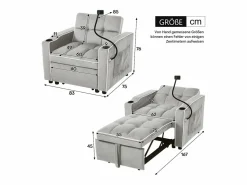 Sillón Cama|Sofá de 1 plaza - Sillón con portavasos y soporte para teléfono - terciopelo gris y blanco