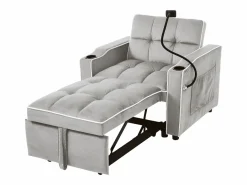 Sillón Cama|Sofá de 1 plaza - Sillón con portavasos y soporte para teléfono - terciopelo gris y blanco