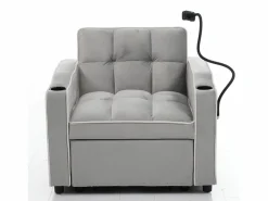 Sillón Cama|Sofá de 1 plaza - Sillón con portavasos y soporte para teléfono - terciopelo gris y blanco