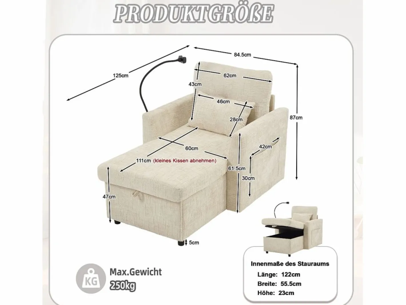 Sofá de 1 plaza con 2 bolsillos laterales - Sofá de salón con soporte para teléfono y espacio de almacenamiento oculto - chenilla^ New