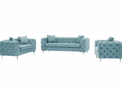 Vente-unique Sofá de 3 plazas, 2 plazas y sillón chéster en terciopelo azul pastel EDWINA Azul celeste Hot