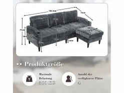 Merax Sofá de 4 plazas con reposapiés - 196,5 x 75 x 77 cm - con almacenaje + reposabrazos - terciopelo - Gris Hot