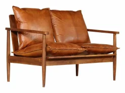 Clicnbuy Sofá Vintage|Sofá De Piel|Sofá de 2 plazas cuero auténtico con madera de acacia marrón