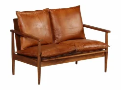 Sofá de 2 plazas cuero auténtico con madera de acacia marrón^vidaxl Clearance