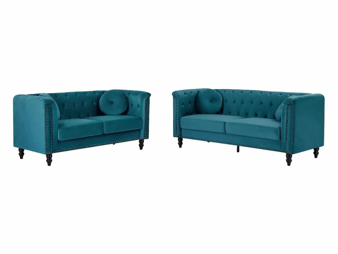 Vente-unique Conjunto Sofás|Sofá de 3+2 plazas de terciopelo verde azulado . Sofá capitoné con 2 cojines decorativos adicionales. Medidas: Ancho 190 x Prof. 77 x Alt. 79 cm. TURNER