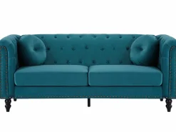 Vente-unique Conjunto Sofás|Sofá de 3+2 plazas de terciopelo verde azulado . Sofá capitoné con 2 cojines decorativos adicionales. Medidas: Ancho 190 x Prof. 77 x Alt. 79 cm. TURNER