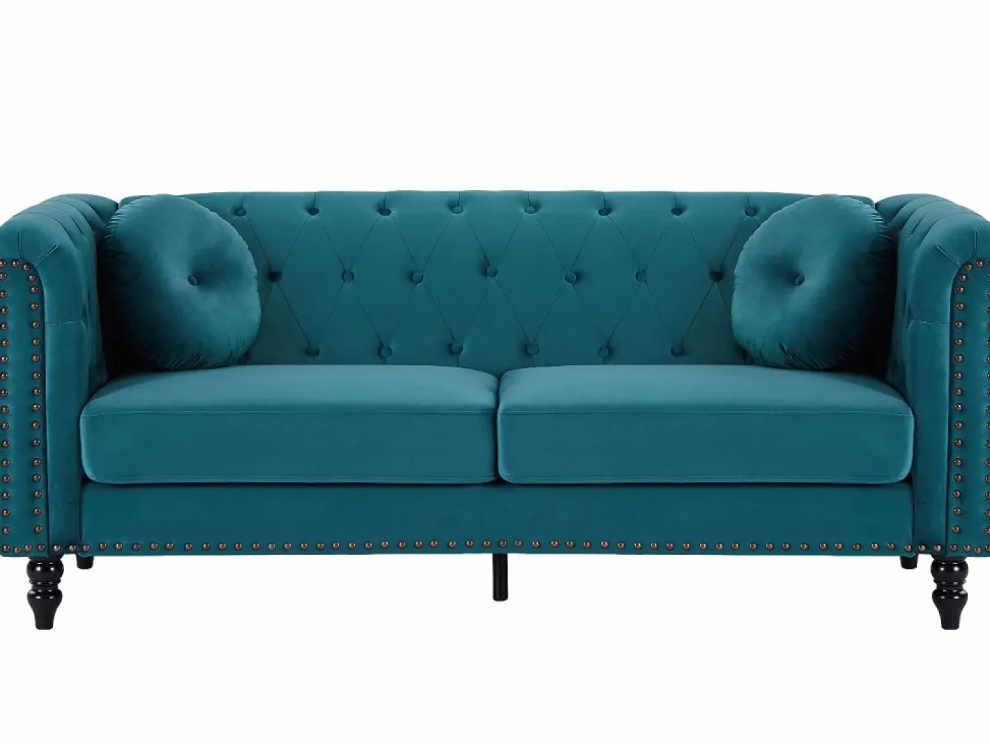 Vente-unique Conjunto Sofás|Sofá de 3+2 plazas de terciopelo verde azulado . Sofá capitoné con 2 cojines decorativos adicionales. Medidas: Ancho 190 x Prof. 77 x Alt. 79 cm. TURNER