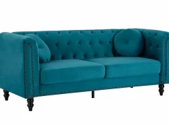 Vente-unique Conjunto Sofás|Sofá de 3+2 plazas de terciopelo verde azulado . Sofá capitoné con 2 cojines decorativos adicionales. Medidas: Ancho 190 x Prof. 77 x Alt. 79 cm. TURNER