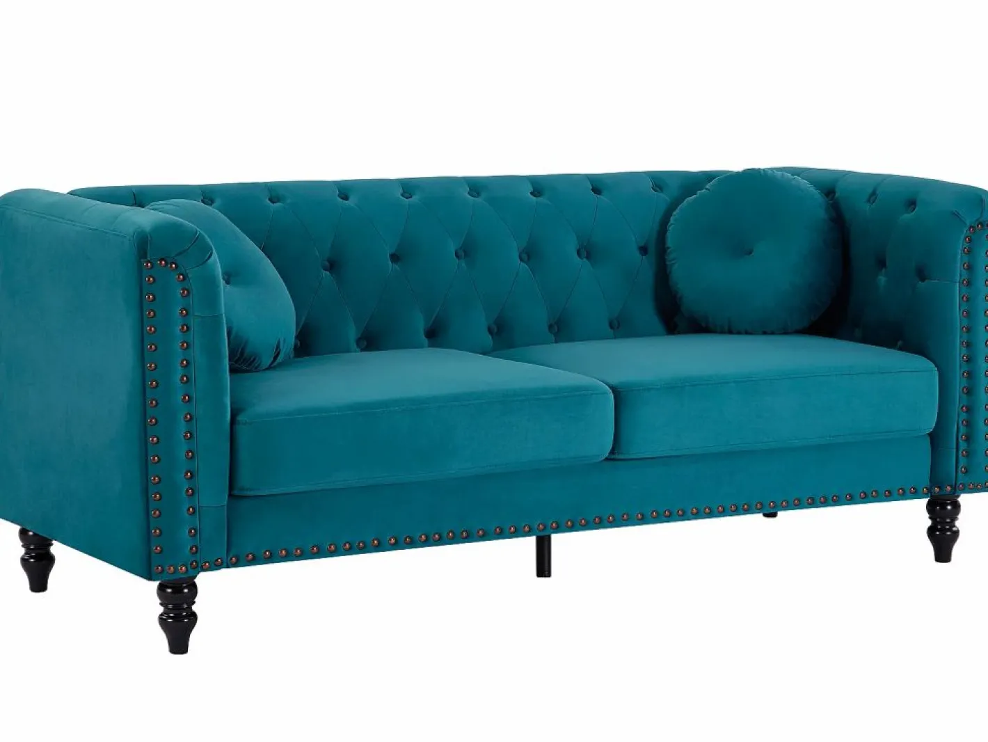 Vente-unique Conjunto Sofás|Sofá de 3+2 plazas de terciopelo verde azulado . Sofá capitoné con 2 cojines decorativos adicionales. Medidas: Ancho 190 x Prof. 77 x Alt. 79 cm. TURNER