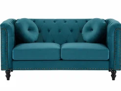 Vente-unique Conjunto Sofás|Sofá de 3+2 plazas de terciopelo verde azulado . Sofá capitoné con 2 cojines decorativos adicionales. Medidas: Ancho 190 x Prof. 77 x Alt. 79 cm. TURNER