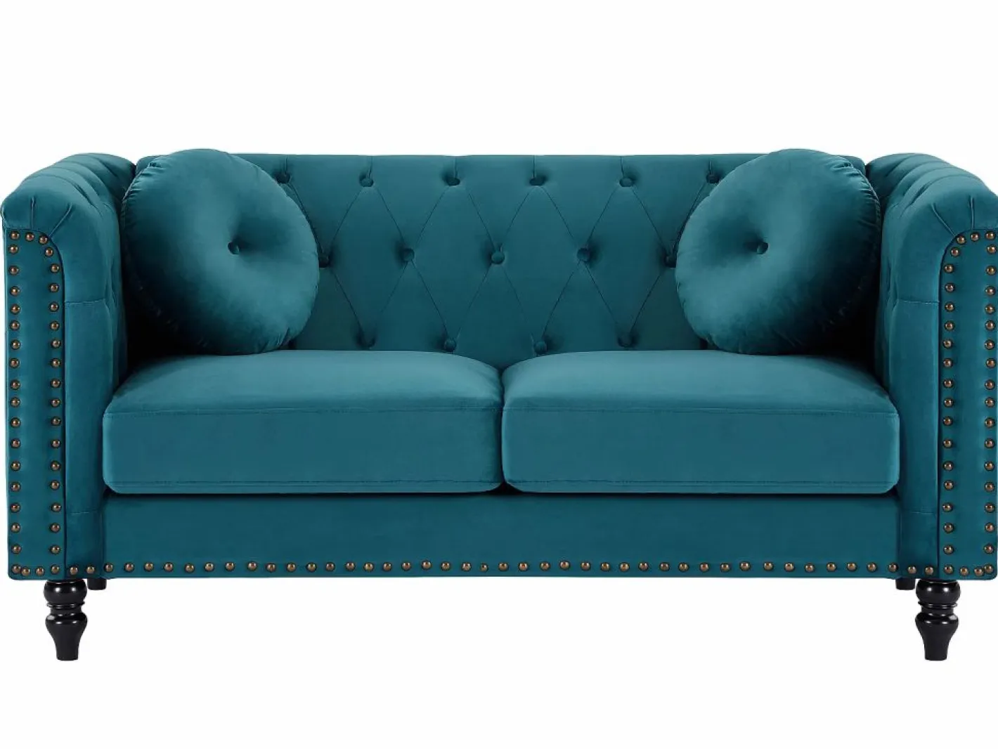 Vente-unique Conjunto Sofás|Sofá de 3+2 plazas de terciopelo verde azulado . Sofá capitoné con 2 cojines decorativos adicionales. Medidas: Ancho 190 x Prof. 77 x Alt. 79 cm. TURNER