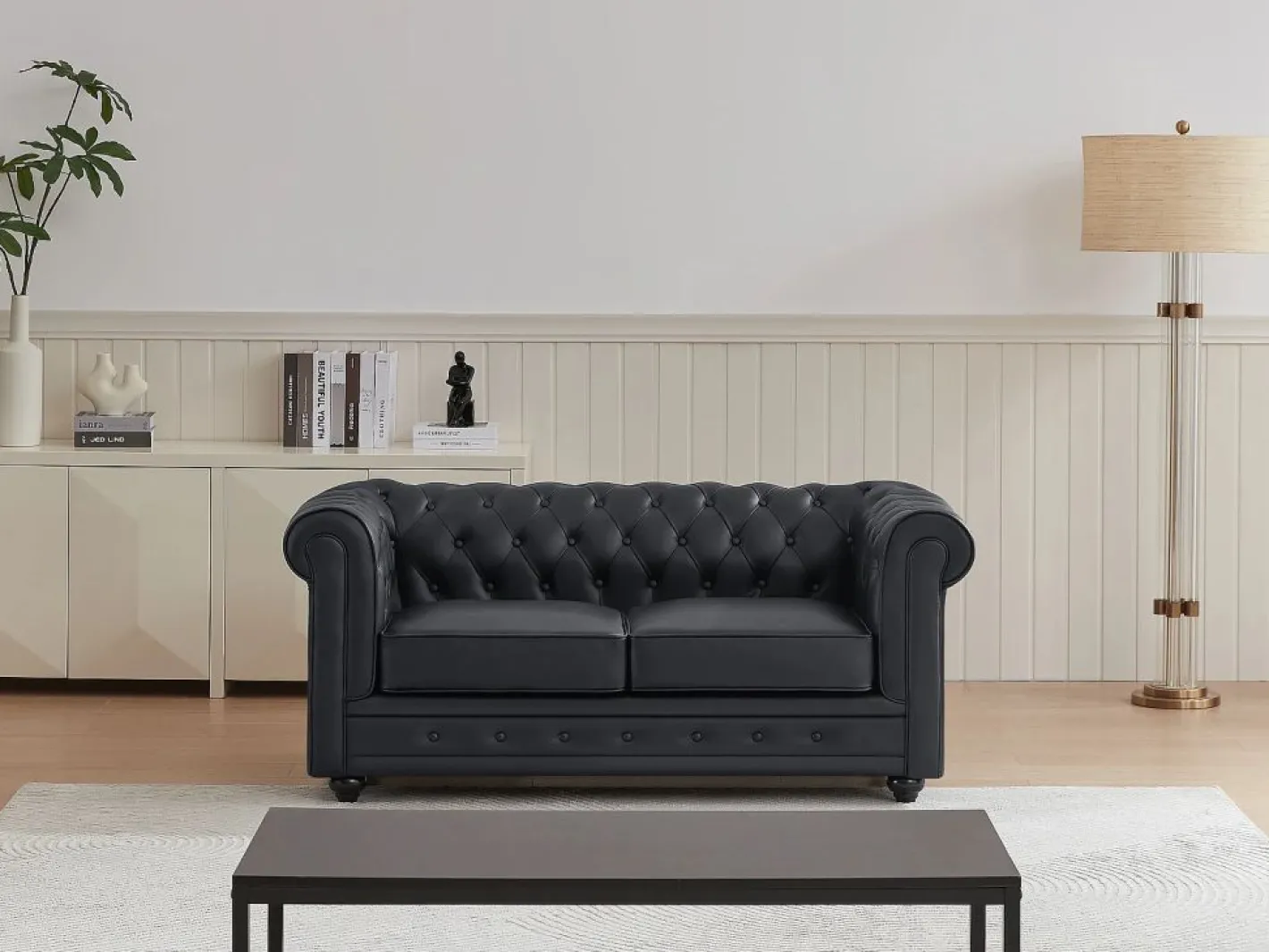 Vente-unique Sofá de 2 plazas en cuero de búfalo CHESTERFIELD Negro Clearance