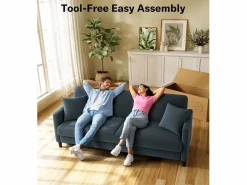 DripeX Sofá de 3 plazas en terciopelo de peluche, comodidad de sofá derecha grande en madera maciza, envejecimiento con reposabrazos, 210 x 79 x 89 cm, -gris Azul New